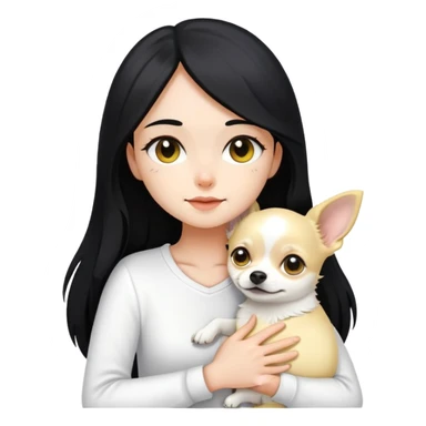 Fair skin girl - long black hair - white clothes - hugging a black, yellow and white Chihuahua sticker