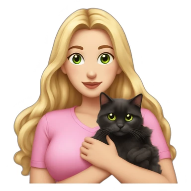 woman with green eyes and long wavy blonde hair and big boobs in a pink shirt is holding a very fluffy and fat black and tortoiseshell cat sticker