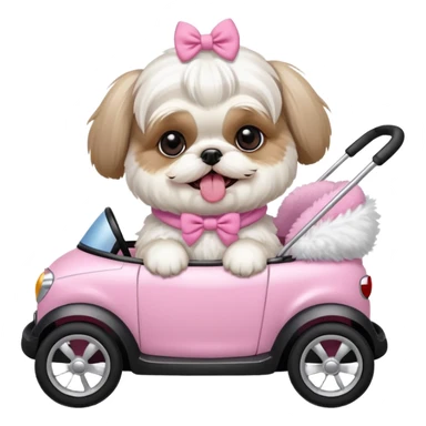 little all white shih tzu with pink bows & sweater tongue sticking out stting in white buggy sticker