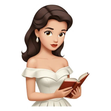 Beautiful woman in 1950’s woman fashion look, off-shoulder white dress, long dark brown hair, reading  sticker