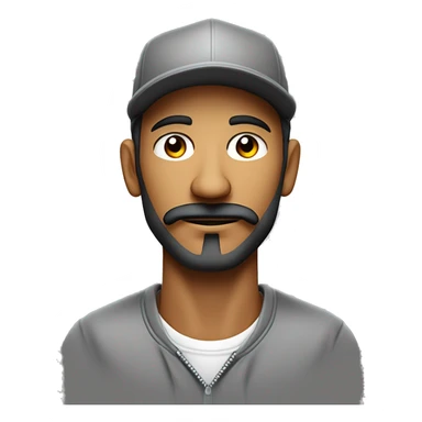 Hombre de piel clara, con ojos claros, barba fina, sin bigote, gorra negra bordada, y sudadera gris. Expresión relajada y estilo urban sticker