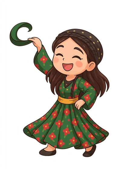 Create a colorful and cheerful Kurdish cartoon sticker in chibi style. Show the traditional Kurdish clothing and a dancing pose. The background should be transparent. Suitable for WhatsApp and Instagram. sticker