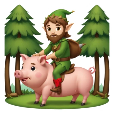 tiny forest elf man long brown hair beard riding pig sticker