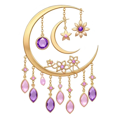 Epic beautiful gorgeous cute gold suncatcher, threads with shiny sparkly amethyst and rose-quartz gemstones, flowers, crescents-moons sticker