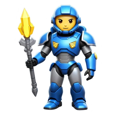 Clash of Clans aesthetic: Cinematic heroic Terran Marine Hero Emoji, rendered in a 3D vector-style similar to standard emojis with minimal shading and bold, simplified shapes. A compact, heroic isometric figure clad in futuristic power armor with signature energy accents, softly glowing with a cosmic battle charm. Simplified yet unmistakably iconic, highly detailed and consistent, glowing with a soft radiant shine and high gloss. Stylized with a touch of interstellar valor and a soft glowing outline, capturing the essence of an elite space warrior with a friendly, playful manner! sticker