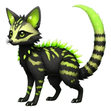 Rare realistic black edgy toxic radioactive-themed black fur with neon-lime-green-glowing  epic handsome gorgeous aesthetic vibrant Vernid-Trico-Genet-species-hybrid-Fakemon-creature by LiLaiRa, 4 legs, 1 tail, random markings, (full body) with tiny spikes on tail sticker
