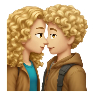 A curly blond boy kisses a curly girl with brown hair sticker
