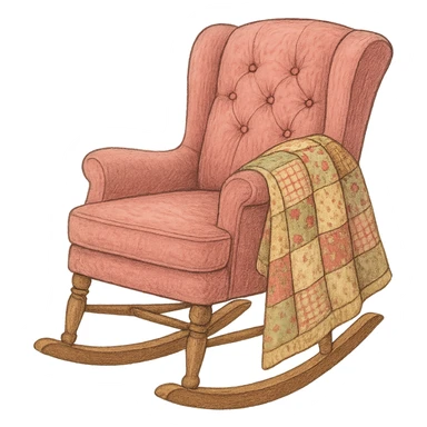 pink cozy rocking chair with a patchwork quilt, nostalgic sticker