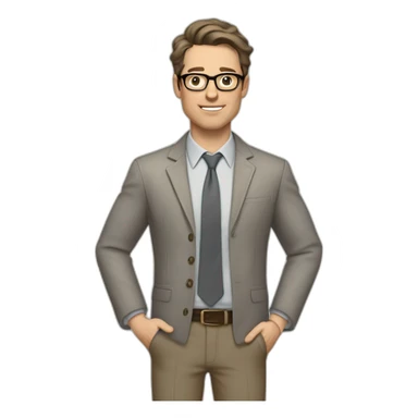 Full height Gesticulating Pale skinned fit man with dark brown hair in gray jacket, beige office shirt, brown tie, brown pants and vintage glasses. sticker