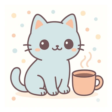 a relaxed cat sitting with a steaming coffee cup, kawaii style sticker