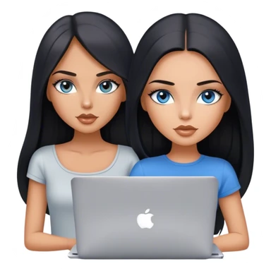 Glamours tanned very beautiful girl with pump nude lips and black straight smooth long hair, blue-grey eyes in top with one MacBook. sticker