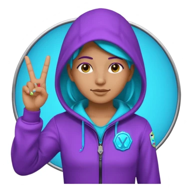Hooded Vault Pioneer saluting with two fingers, neon purple-cyan glow, badge on chest, emoji style sticker