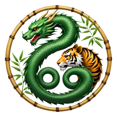 An icon symbolizing Eastern martial arts in the style of an emblem, with a black-and-white Yin-Yang symbol at the center. A dragon and a tiger are placed on either side, representing strength and wisdom. The design includes bamboo and traditional elements. Transparent background sticker