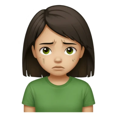 Young girl with straight, dark, damaged, and unkempt hair, wearing a green T-shirt, with a sad and discouraged expression. sticker