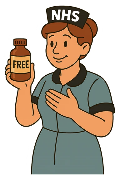 A nurse wearing a nurses hat with the letters NHS written on the hat.  The nurse looks caring and is holding a medicine bottle.  The medicine bottle has a label on it saying 'free' sticker