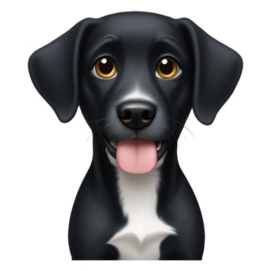 a black dog with white chest sticker