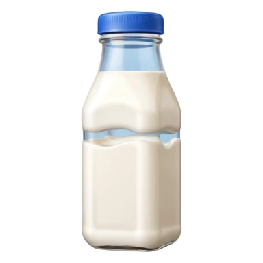 A 3D cartoon glass bottle of cow’s milk — white liquid, blue cap, clear reflections, Memoji-style rendering. sticker