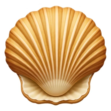 A madeleine pastry. Oval seashell shape with ONLY four to five vertical lines going in the same direction. Light golden brown. Scalloped edge. Cookie. Flat. Long. Oval shape. Lets scallops. sticker