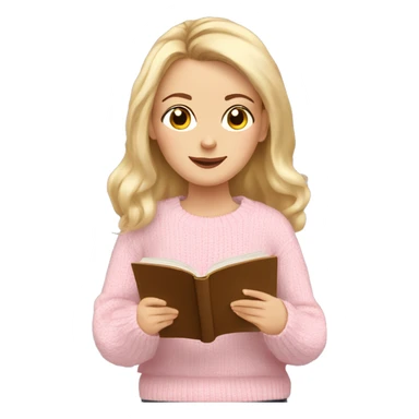 Pretty hazel eyed white girl with light pink sweater reading cozy sticker
