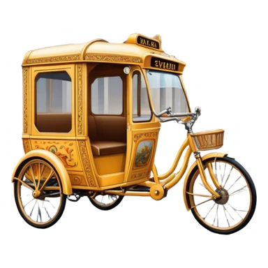 Cyclo rickshaw – Cinematic Realistic Cyclo Rickshaw, depicted as a charming, ornately painted three-wheeled cycle taxi with vintage detailing, set on bustling city streets under dynamic urban lighting that evokes cultural heritage and nostalgic charm. sticker
