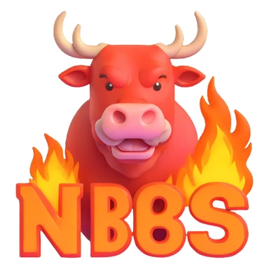 3D bull with the text 'NBS' overlaid, both outlined in fire, transparent background, suitable for Discord emoji sticker
