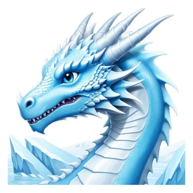 Cinematic Noble elegant Ice Dragon Portrait Emoji, Poised and imposing, distinct long elegant snout, with a slender, scaled body shimmering in glacial hues of icy blue, frostbitten silver, and crystalline white, breathing out frost, with piercing, glowing ice blue white eyes that radiate the chilling depths of an arctic storm; rendered in detail. Breathing out a frost mist sticker
