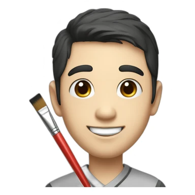A slightly plump, round-faced, slightly droopy-eyed, cute, dark-haired Japanese brother who is smiling while holding a colored brush and graphite pencil sticker
