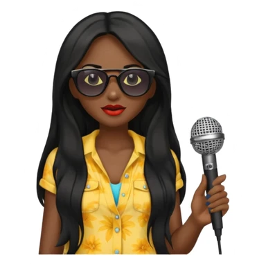 dark long haired woman with summer clothes and sun glasses holding microphone sticker
