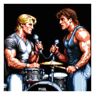 a SNES box art image of dolph lundgren on the mic and sylvester stallone on the drums cutscene graphic - 3/4 side perspective sticker