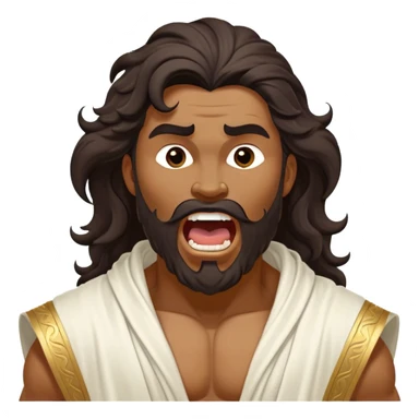 Cinematic Realistic Hercules Portrait, head tilted slightly with a dramatic, wide-open yawn, revealing a moment of relaxed, unguarded strength. His bronze, sculptural skin and thick, wavy dark hair retain their classical beauty even in repose. Draped in a gracefully flowing white robe with subtle golden details, the portrait is bathed in soft natural lighting, capturing a tender glimpse of vulnerability from a timeless Greek hero. sticker