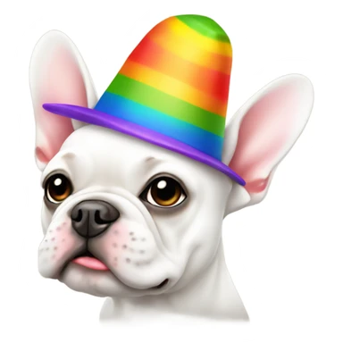 White Frenchie wearing a rainbow hat sticker