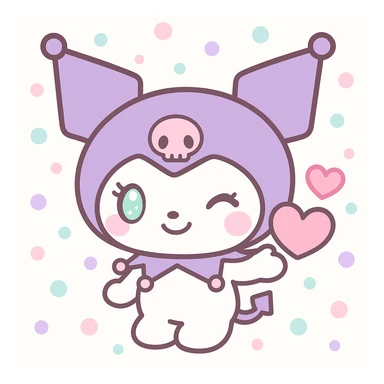 Kuromi character winking and presenting a heart, kawaii style, heart above hand sticker
