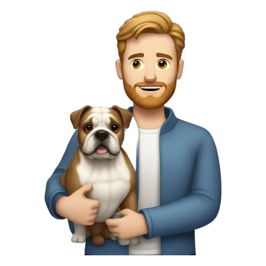 White man with brown hair and brown beard holding white bulldog  sticker
