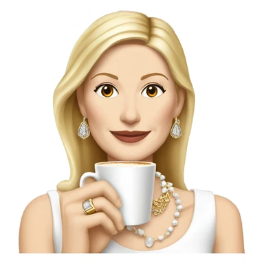Kelly Rutherford with jewellery wearing white drinking cappucino sticker