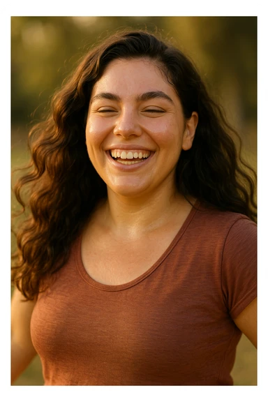 realistic portrait of a woman with PCOS who has improved health, happy and relaxed appearance, glowing skin, thick hair, energetic posture, signs of wellness and reduction of premenstrual cycle symptoms, realistic details, warm lighting, vertical 2:3, no text sticker