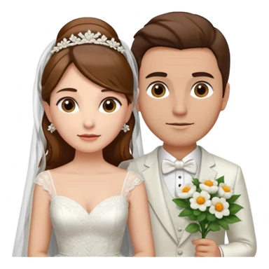 A woman with long brown hair and fair skin, wearing her hair , dressed in a wedding gown with a veil. And a man with short brown hair and fair skin (without a mustache), wearing a white suit with a flower.
 sticker