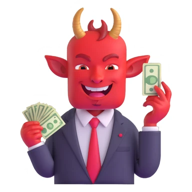 red devil with horns in business suit counting cash with greedy expression sticker