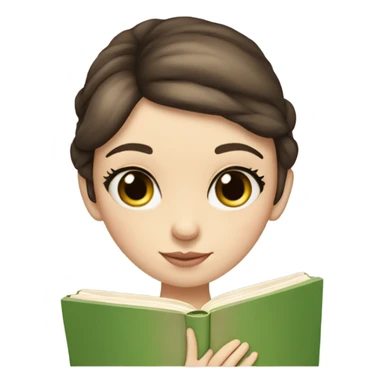 Girl with brown hair in a low bun, wispy bangs, green eyes, pale skin, reading a book sticker