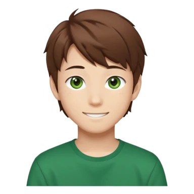 the face of an Anime asian style teen boy with brown hair, green eyes, looking smiling slightly sideways positioned. Face must be main filling of the emoji.  128px sticker