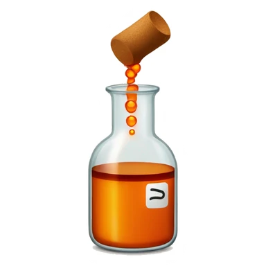 Redish Brown Bromine with an orange aroma in a circular beaker with a tan cork in the top of the beaker sticker