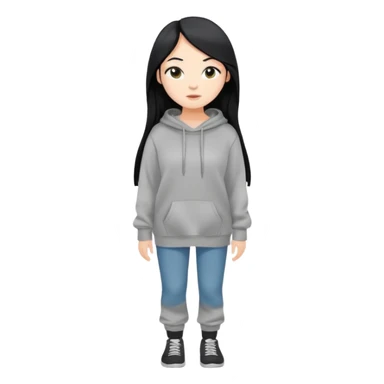 full-body female avatar, flat vector, long black hair, oversized sweatshirt, neutral background sticker