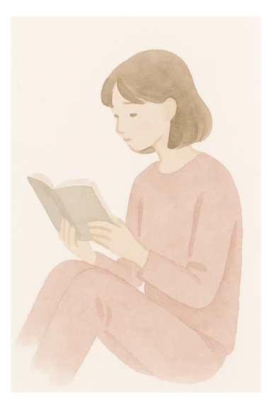 a girl in pink clothes reading a book, soft watercolor style, gentle brush strokes, pastel colors sticker