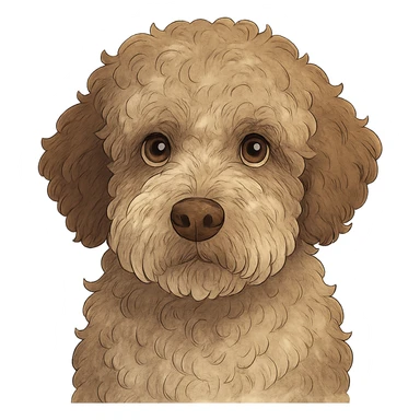close-up portrait of Lagotto Romagnolo dog, fluffy roan fur, expressive eyes, ghibli style sticker