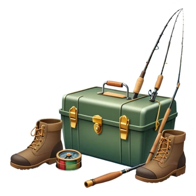 Icon for Fishing: a fishing tackle box, a spinning rods, boots, and a boat by a water body with a beautiful nature backdrop. The icon should evoke the peaceful and adventurous spirit of fishing. Transparent background. sticker