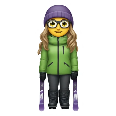Green eyed chubby female skier with long straight hair, glasses, grey purple snow jacket, long black pants, black only snow boots and black skis looking cool. sticker