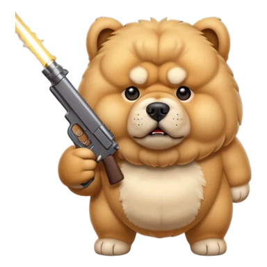 Funny cartoon-style chow chow dog with light fur standing on its hind legs and holding a gun menacingly sticker