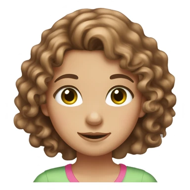 a girl with brown long hair, fair skin, green eyes, curly hair, pink blouse and pink hairpin sticker