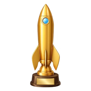 Golden rocket trophy award, shiny gold rocket with a trophy base sticker