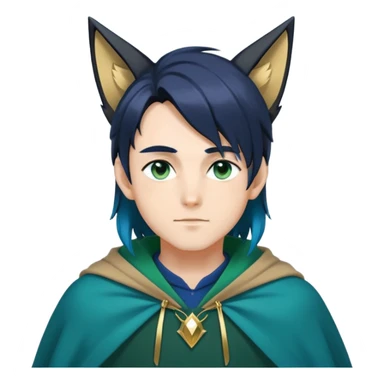 anime man with straight long dark-blue-black-gradient hair, long black fox ears, hazel-gradient-brown-turquoise eyes, gold earring, dark-blue-sweater, green cape,  sticker