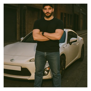 Grunge-style analog photo, London 2025, person inspired by the new reference image standing next to a Nissan GT 86, model pose, black t-shirt, jeans, Nike Air Jordan low, using flash, street background, analog grain, 4/8. sticker